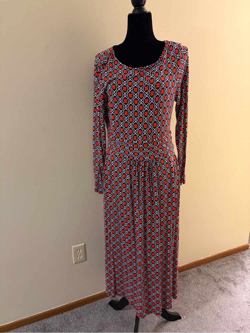 Boden Red and Black Geometric Long-Sleeve Maxi Dress